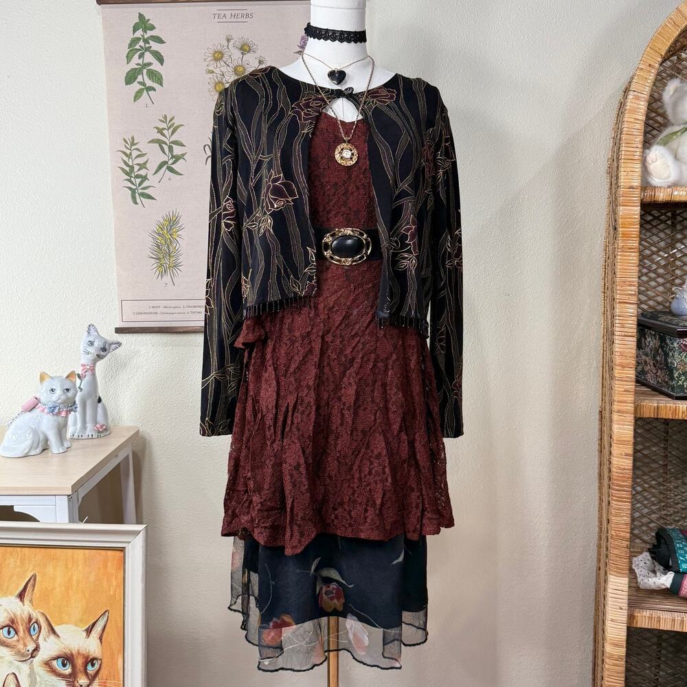 Y2k Rose Slinky Stretch Bead Fringe Jacket Dark Fairy Whimsigoth Romantic Goth S